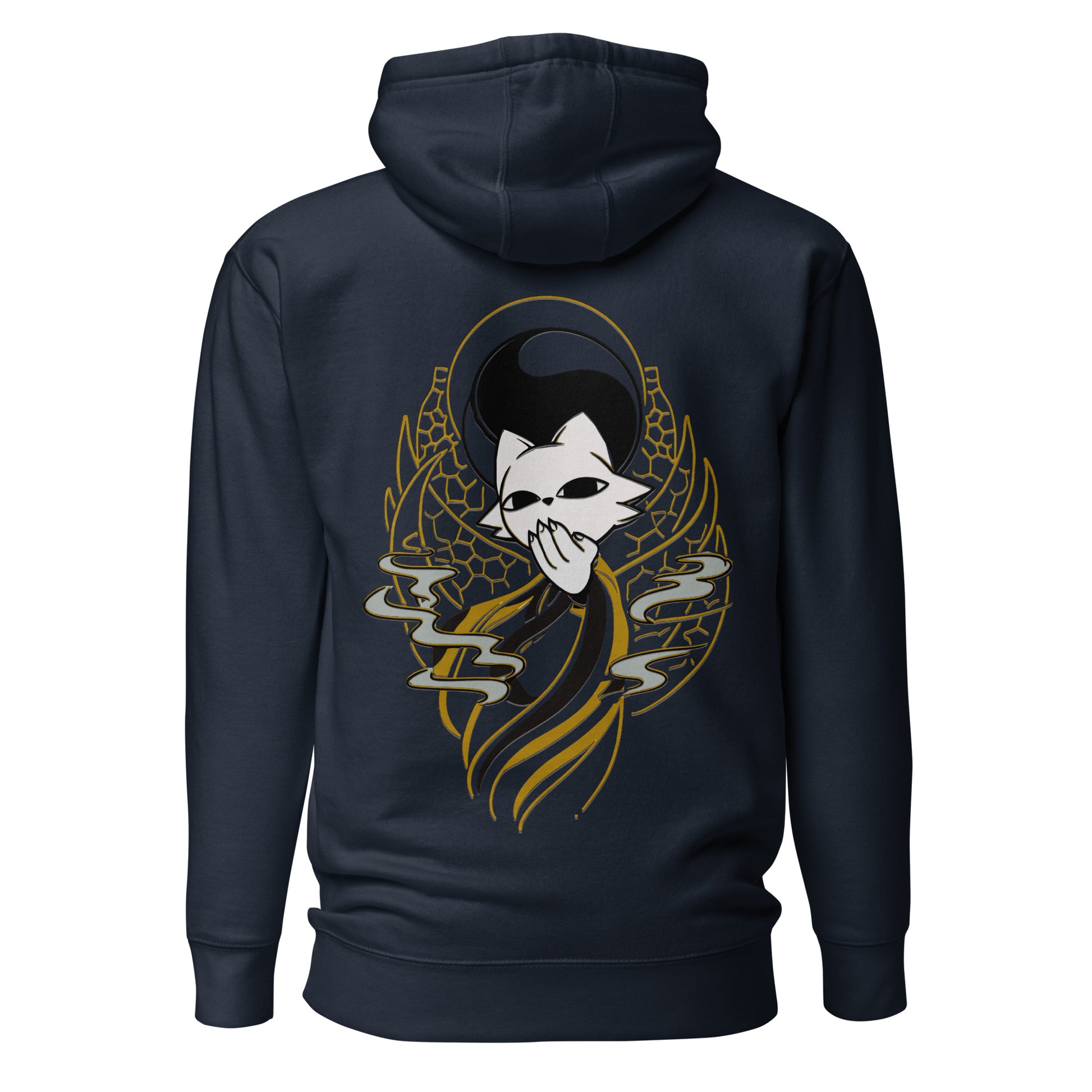 Back view of the navy Nine Sols Balance Hoodie Yin Yang Presence featuring a yin yang skull graphic with golden line details
