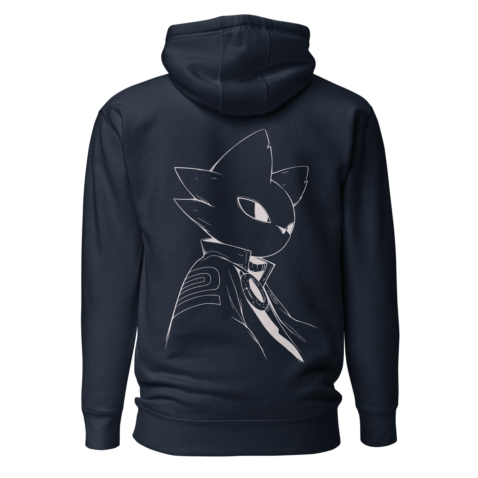 Back view of the Navy Blazer Nine Sols Silent Resolve Taopunk Portrait hoodie featuring a minimalist taopunk portrait in white line art