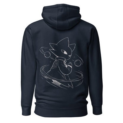 Back view of the navy Nine Sols Orbiting Focus Taopunk Motion hoodie featuring a taopunk figure with orbiting rings in white line art