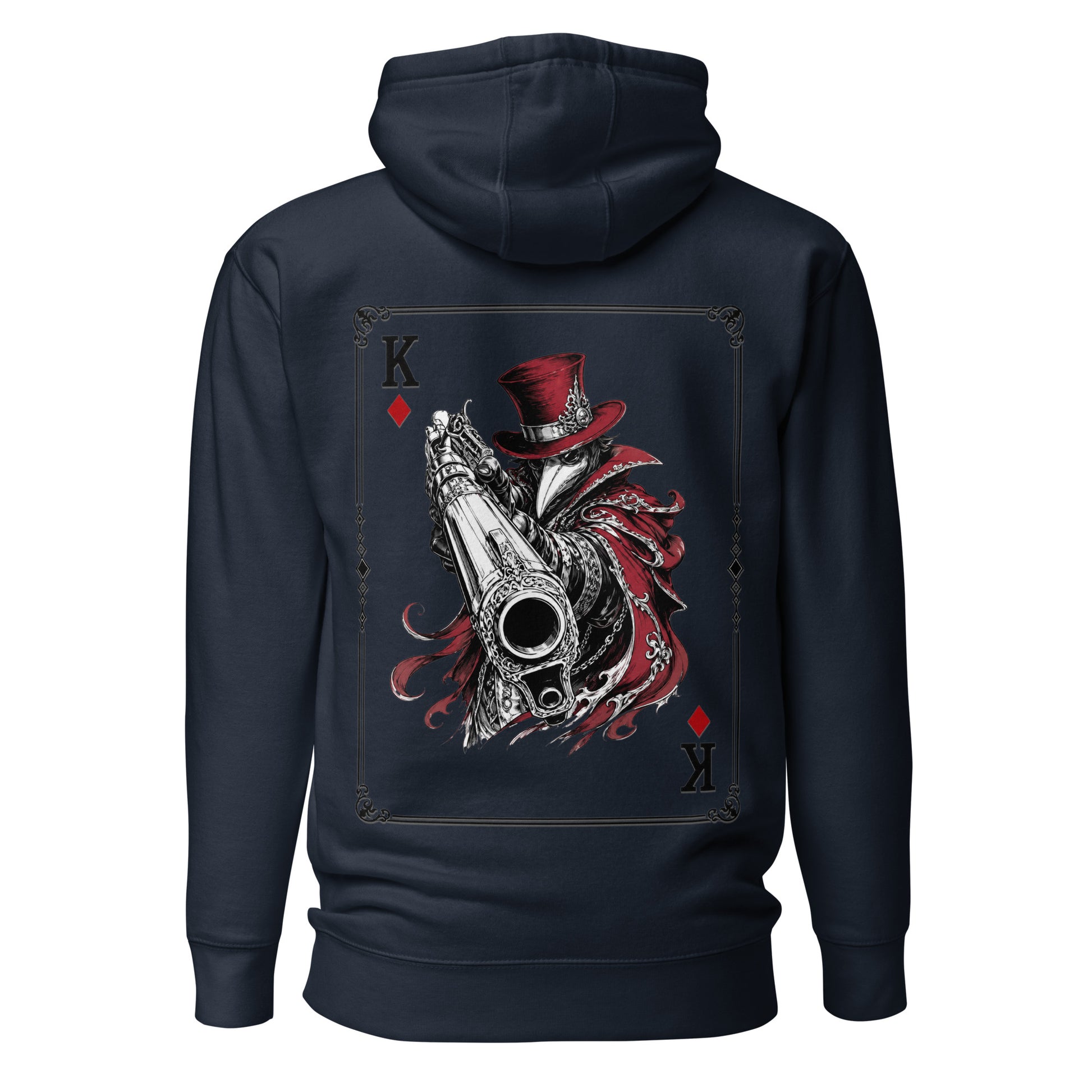 Back view of the Navy Crowsworn King of Diamonds hoodie with crimson gambit card back graphic