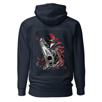 Back view of the Navy Crowsworn King of Diamonds hoodie with crimson gambit card back graphic
