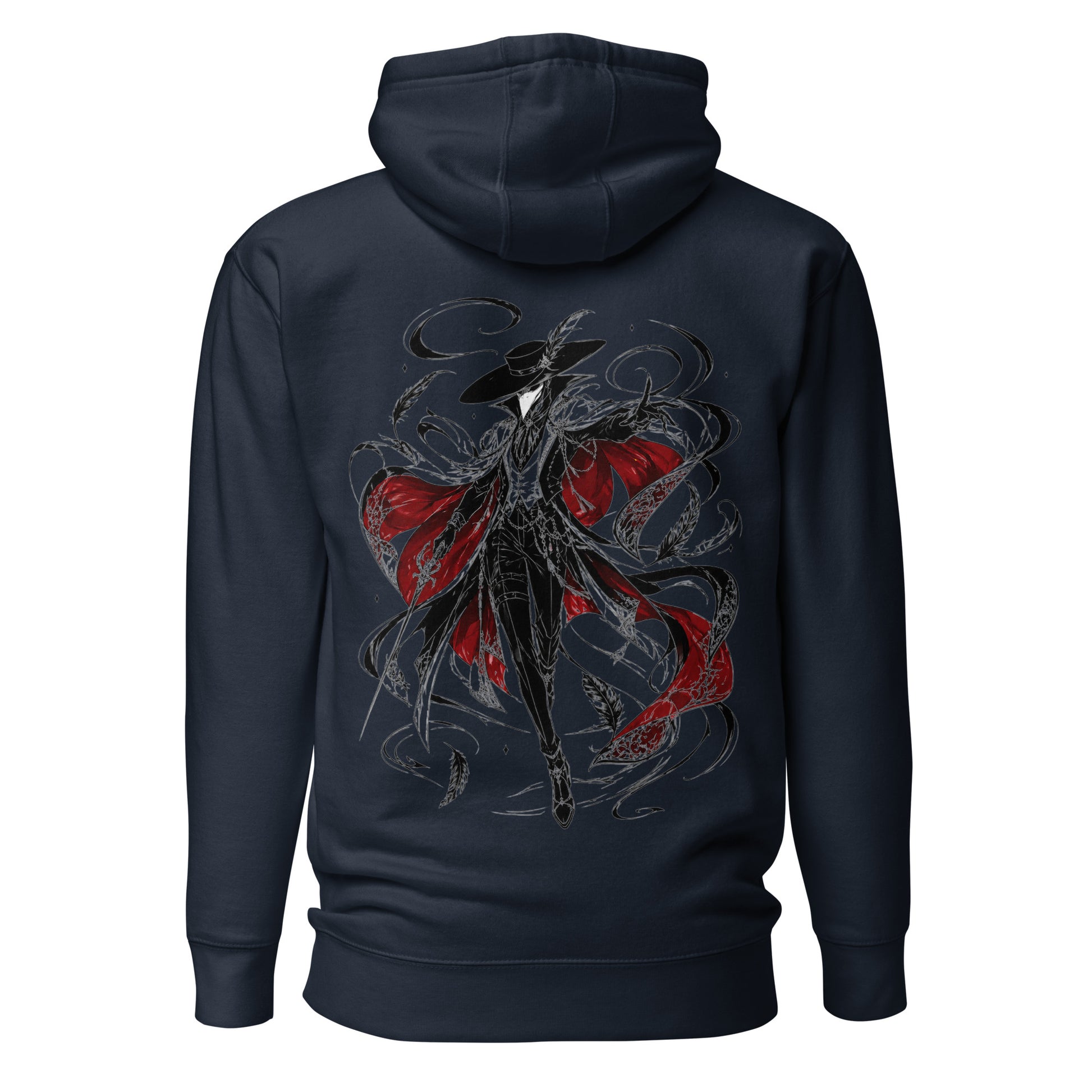 Back view of the Navy Crowsworn Crimson Wraith hoodie with gothic dark fantasy back graphic