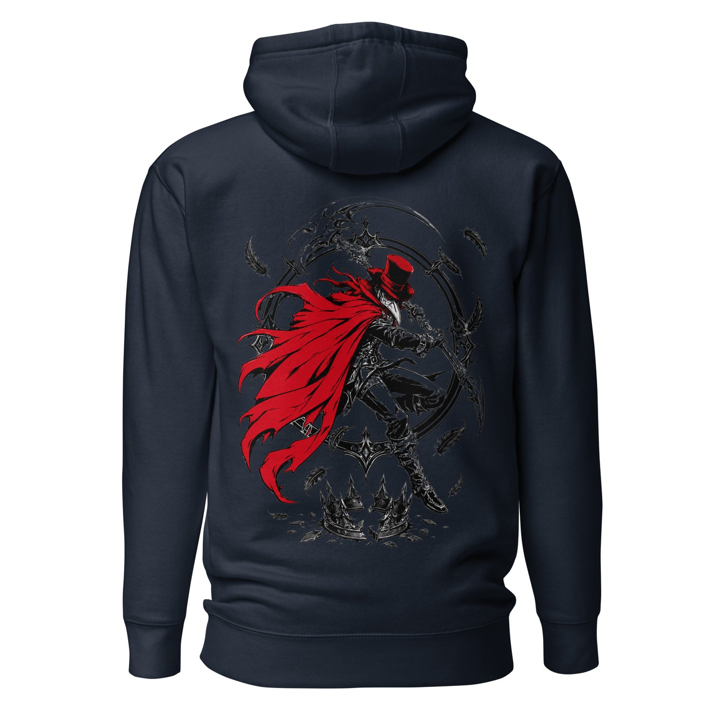 Back view of the Navy Crowsworn Crimson Scythe hoodie with dark fantasy graphic artwork