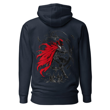 Back view of the Navy Crowsworn Crimson Scythe hoodie with dark fantasy graphic artwork