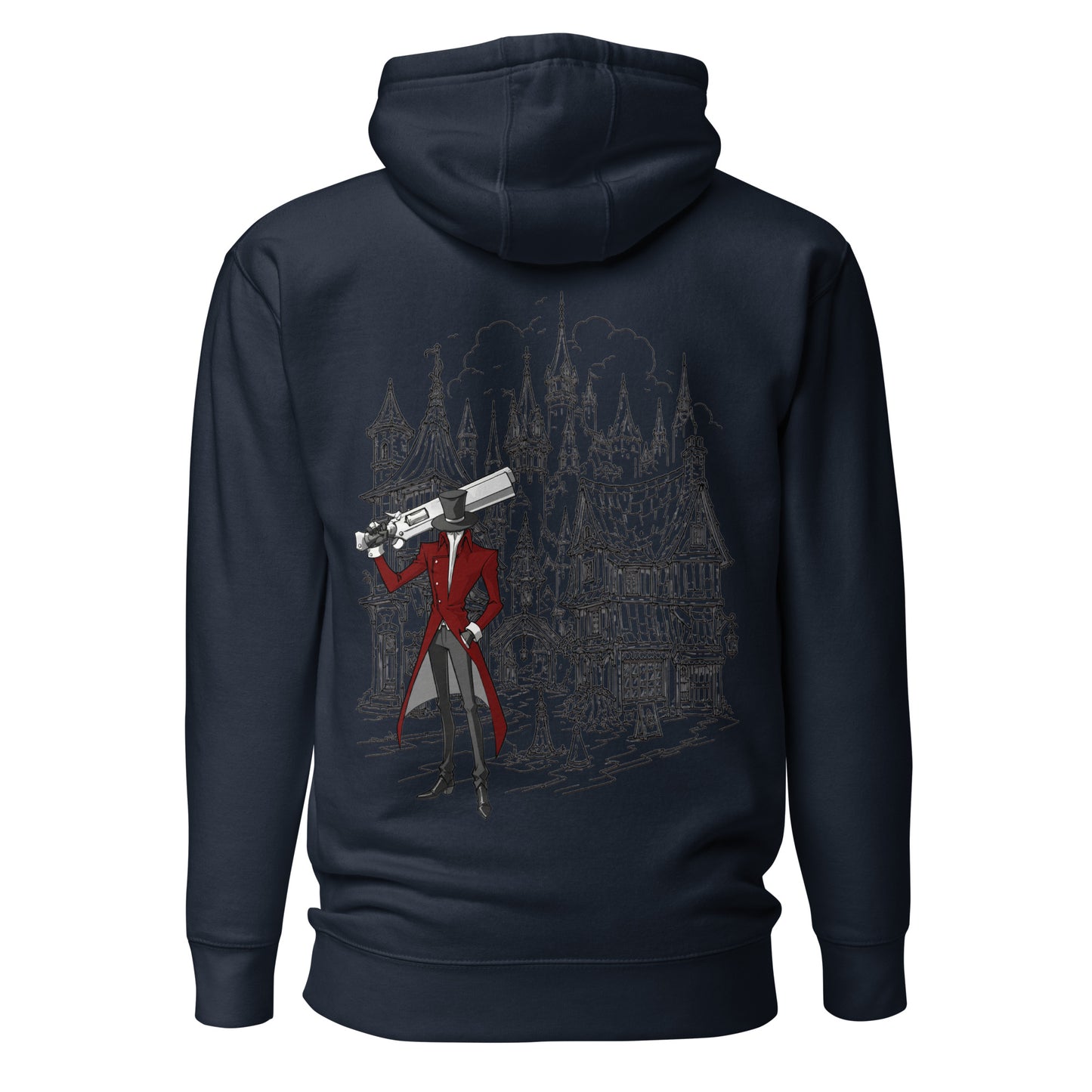Back view of the Navy  Crowsworn Gothic Hunter hoodie with ruined kingdom graphic