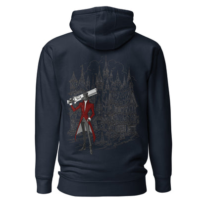 Back view of the Navy  Crowsworn Gothic Hunter hoodie with ruined kingdom graphic