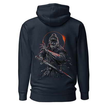 Back view of The Blood of Dawnwalker Coen Sword Hoodie featuring large Coen sword artwork across the back