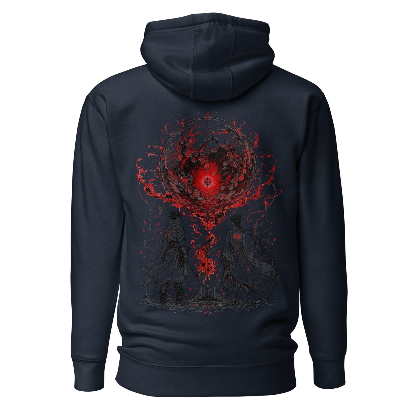 Back view of The Blood of Dawnwalker Crimson Eclipse Hoodie featuring large crimson eclipse artwork across the back