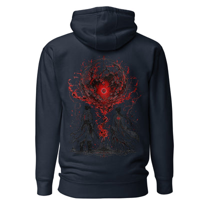 Back view of The Blood of Dawnwalker Crimson Eclipse Hoodie featuring large crimson eclipse artwork across the back