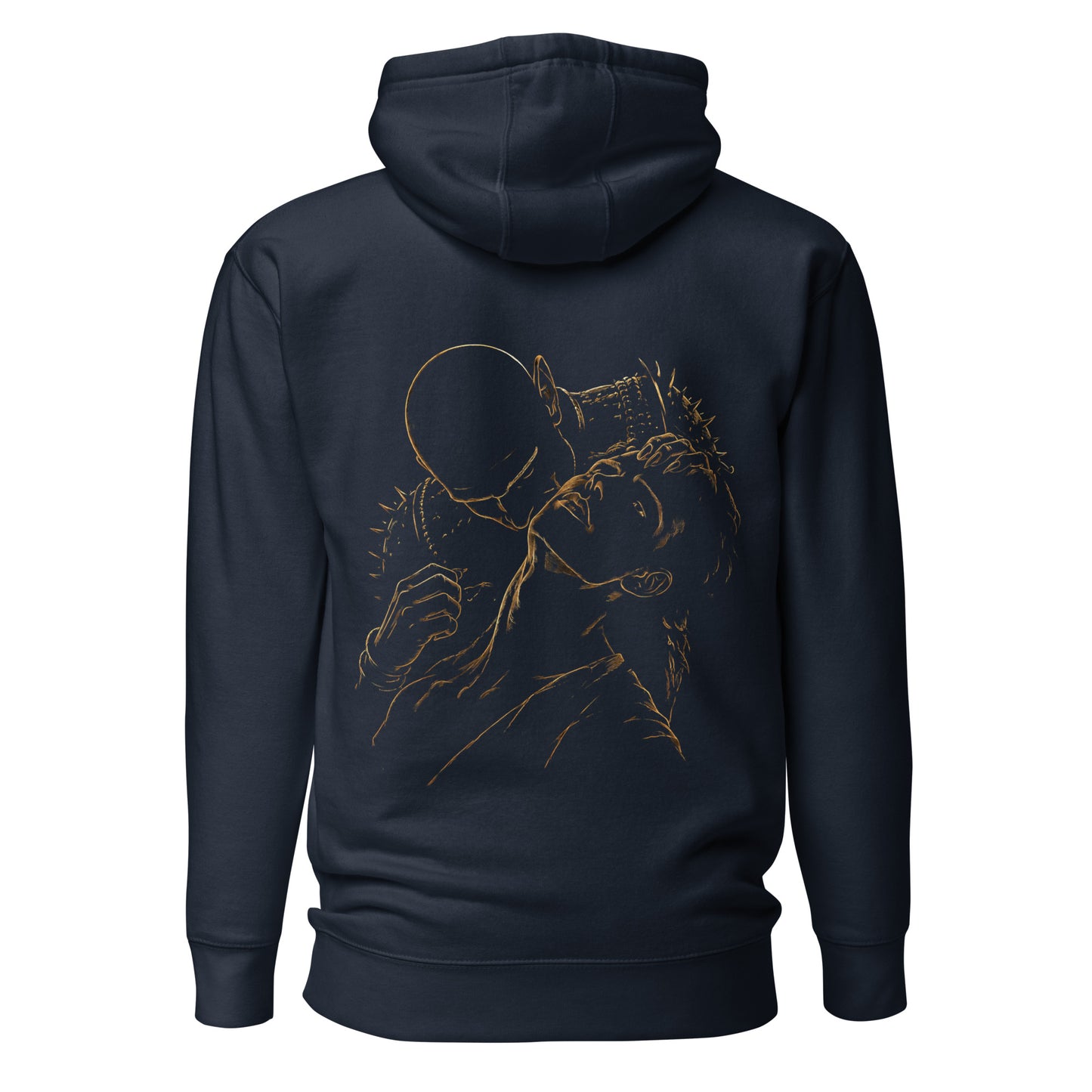 Back view of The Blood of Dawnwalker Sires Embrace Hoodie with gold line back artwork on a navy hoodie