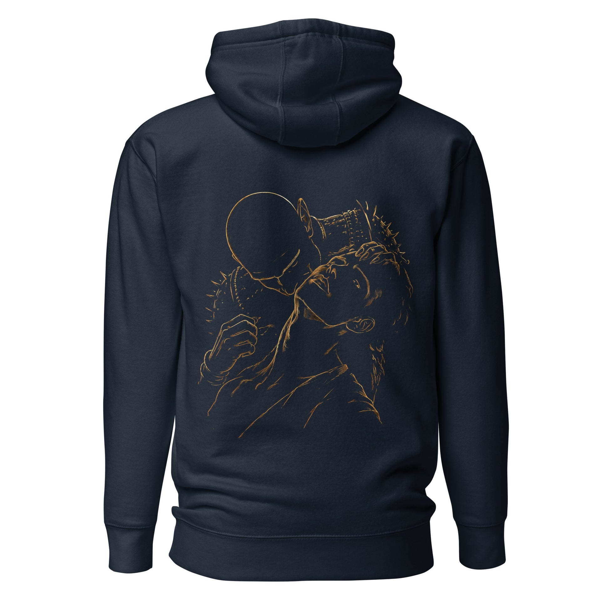 Back view of The Blood of Dawnwalker Sires Embrace Hoodie with gold line back artwork on a navy hoodie