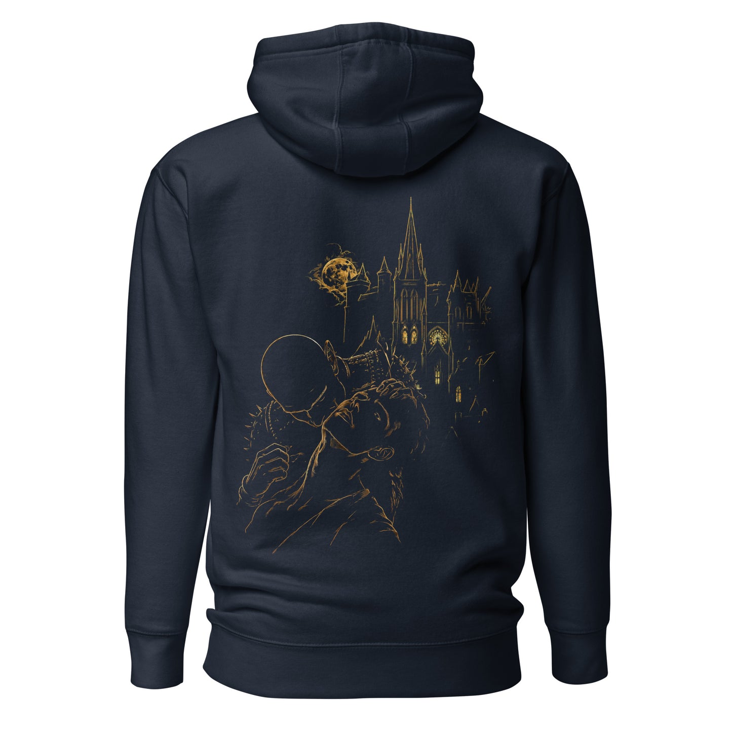 Back view of The Blood of Dawnwalker Sires Domain Hoodie featuring golden Sires Domain artwork across the back