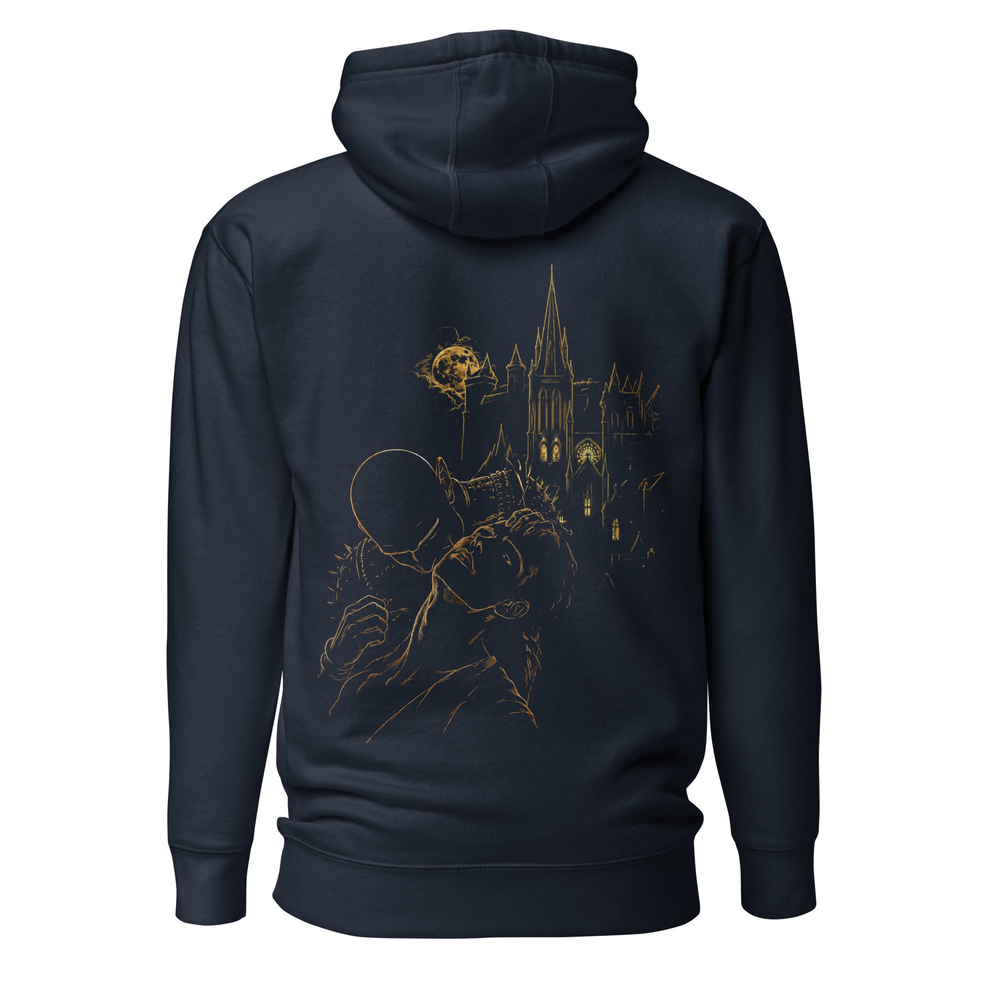 Back view of The Blood of Dawnwalker Sires Domain Hoodie featuring golden Sires Domain artwork across the back