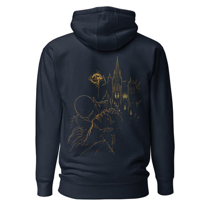 Back view of The Blood of Dawnwalker Sires Domain Hoodie featuring golden Sires Domain artwork across the back