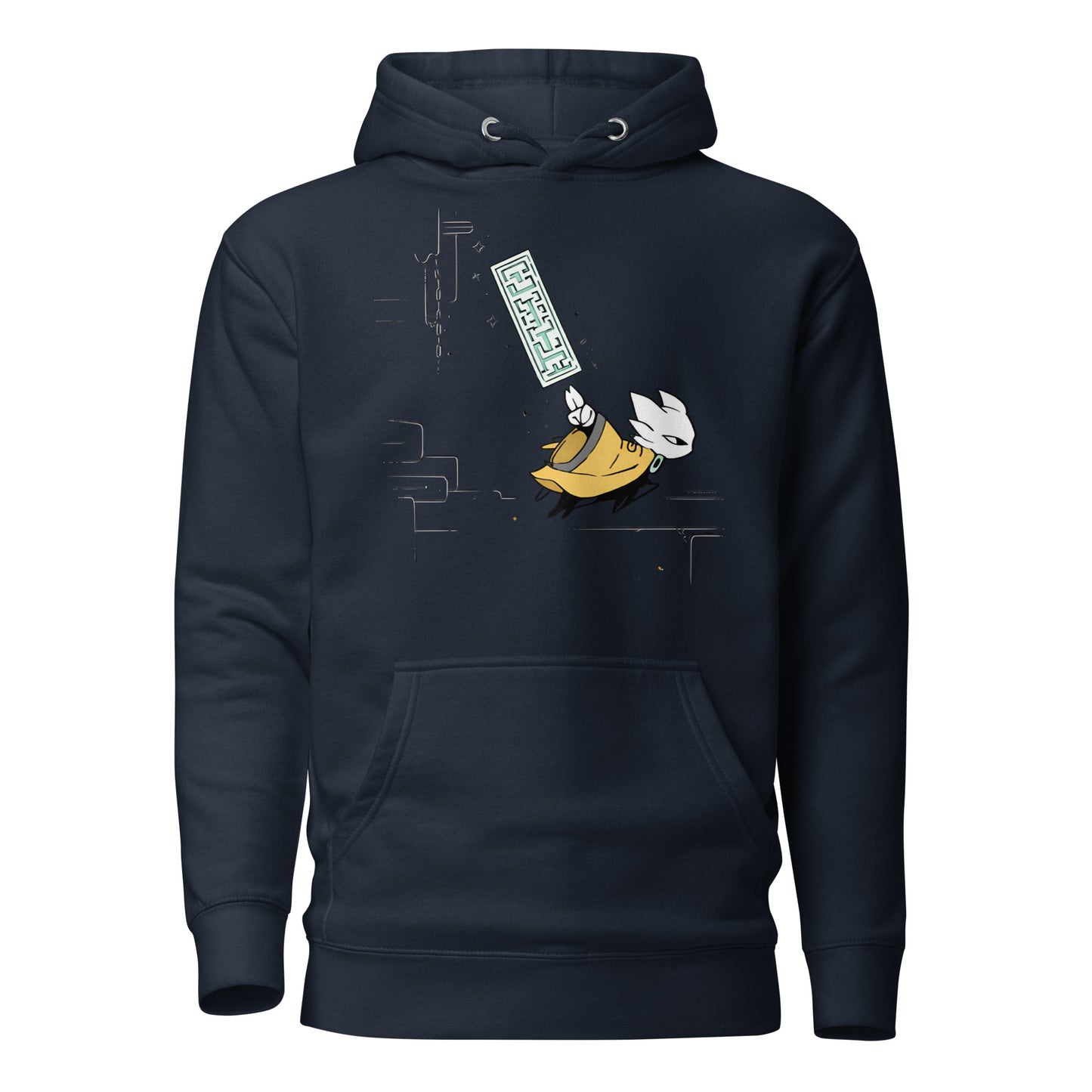 Front view of the Navy Nine Sols Motion Hoodie Seal Momentum featuring a minimalist seal graphic with vertical motion detail