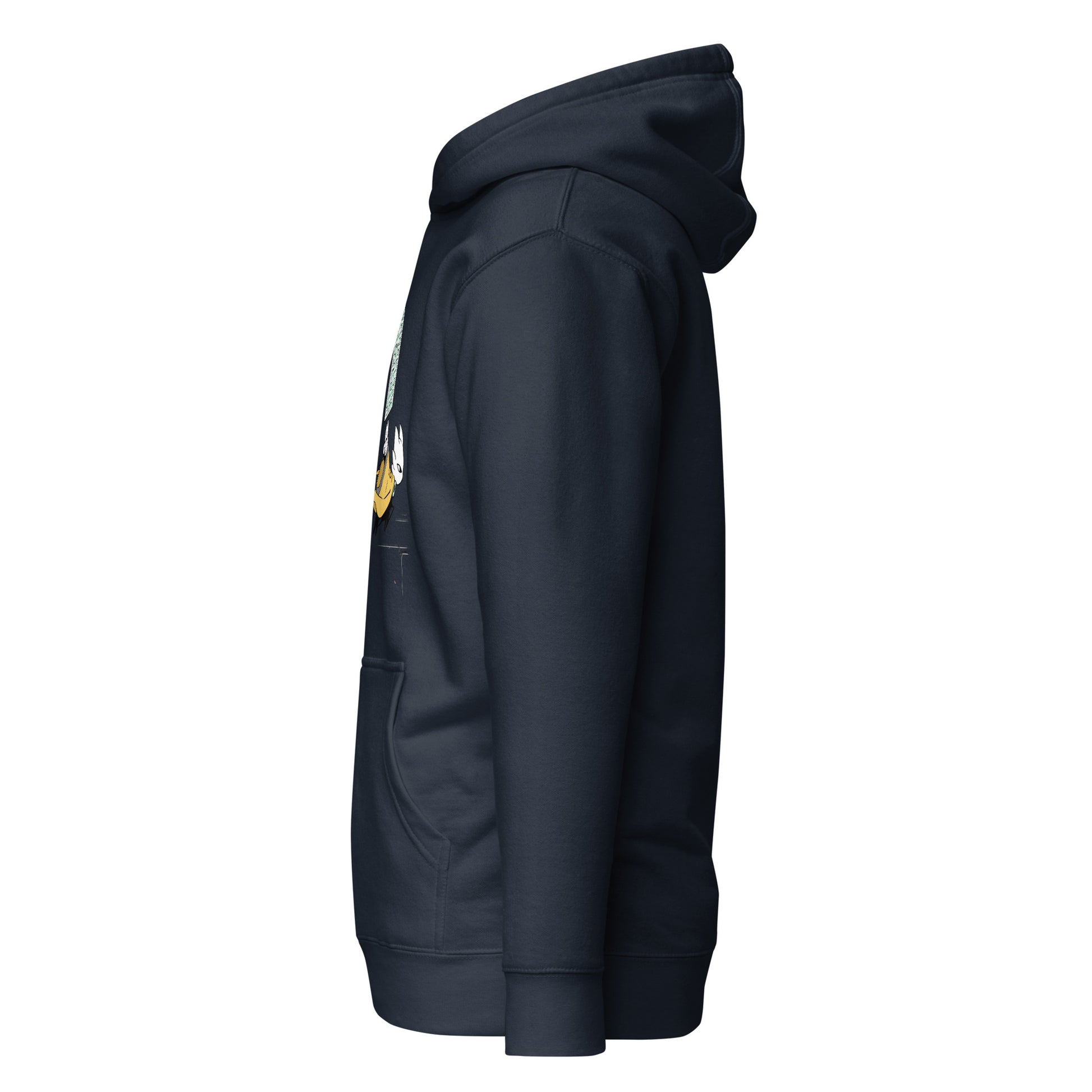 Left side view of the Navy Nine Sols Motion Hoodie Seal Momentum with partial front design visible along the side