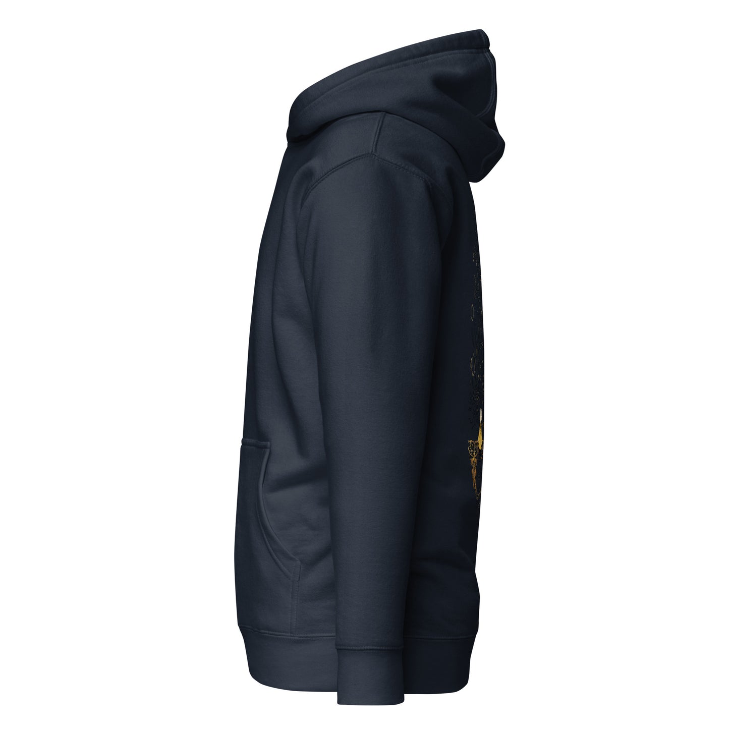 Left side view of the Navy Nine Sols Butterfly Hoodie Golden Echo Presence with partial back design visible along the side