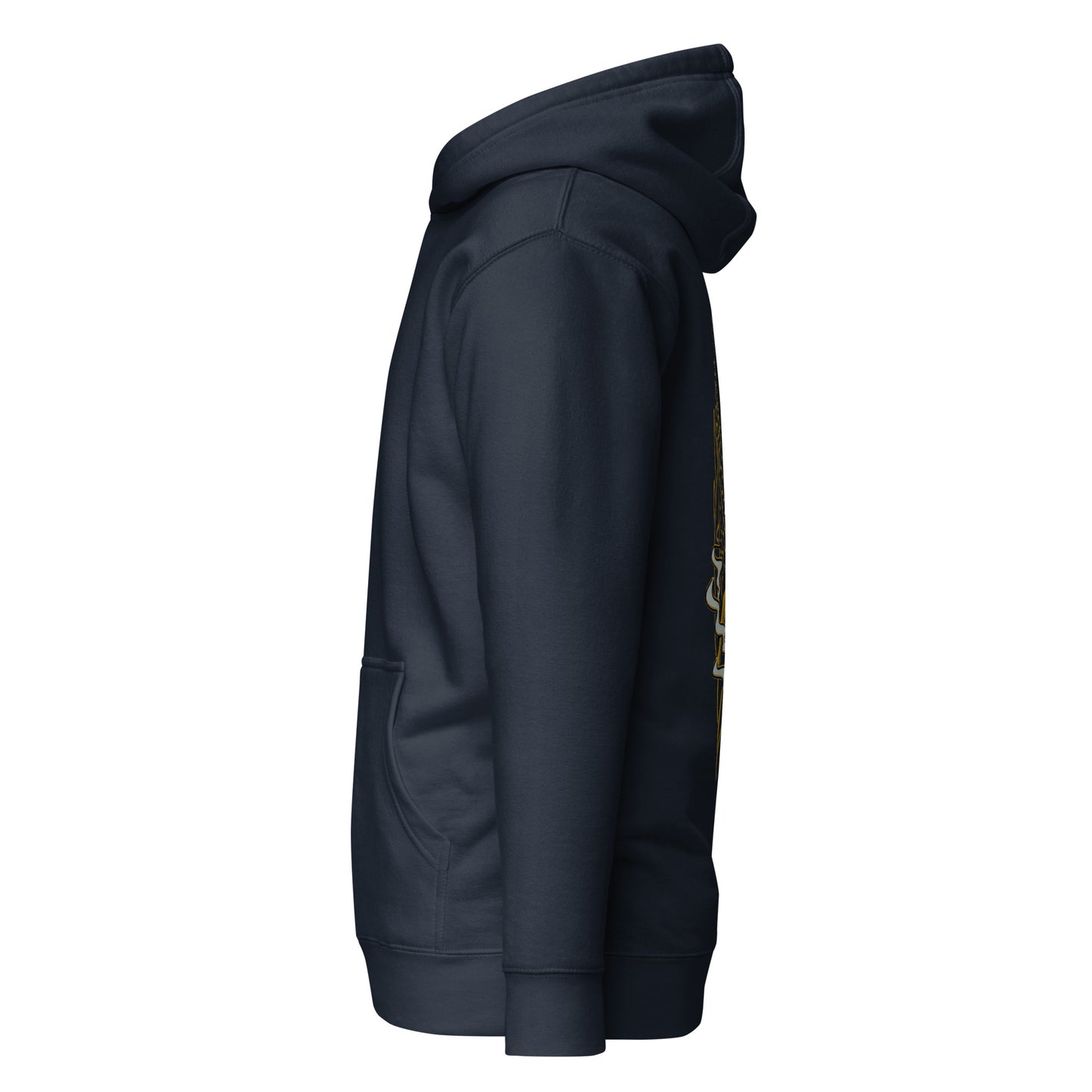 Left side view of the navy  Nine Sols Balance Hoodie Yin Yang Presence with partial back design visible along the side