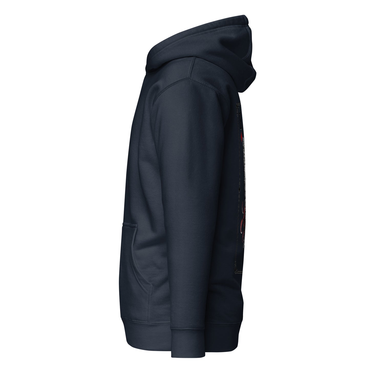 Left side view of the Navy Crowsworn King of Diamonds hoodie with relaxed streetwear fit