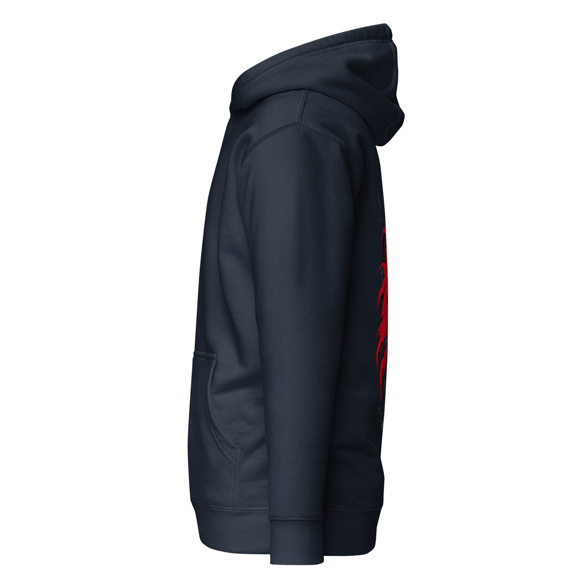 Left side view of the Navy Crowsworn Crimson Scythe hoodie showing relaxed streetwear fit
