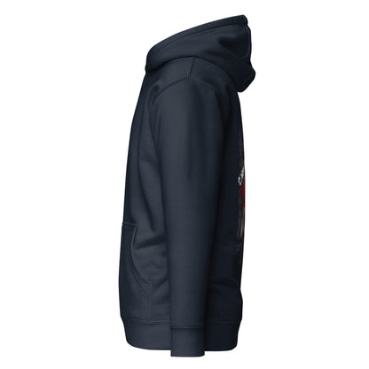 Left side view of the Navy  Crowsworn Gothic Hunter hoodie showing a relaxed streetwear fit