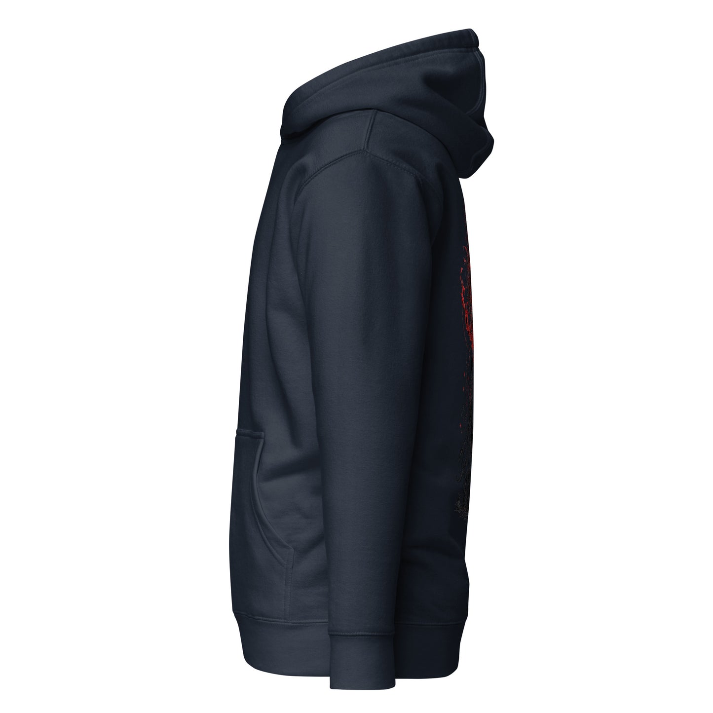 Left side view of The Blood of Dawnwalker Crimson Eclipse Hoodie showing side profile, hood shape and sleeve structure