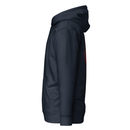 Left side view of The Blood of Dawnwalker Crimson Eclipse Hoodie showing side profile, hood shape and sleeve structure