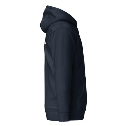 Right side view of the Navy Nine Sols Cliff Duel Hoodie Fallen Guardian Duel showing sleeve structure and relaxed fit