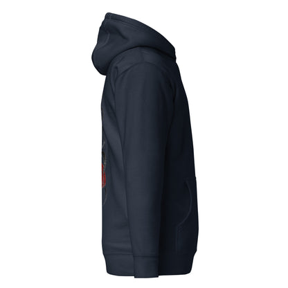 Right side view of the Navy Crowsworn Crimson Wraith hoodie with casual unisex silhouette