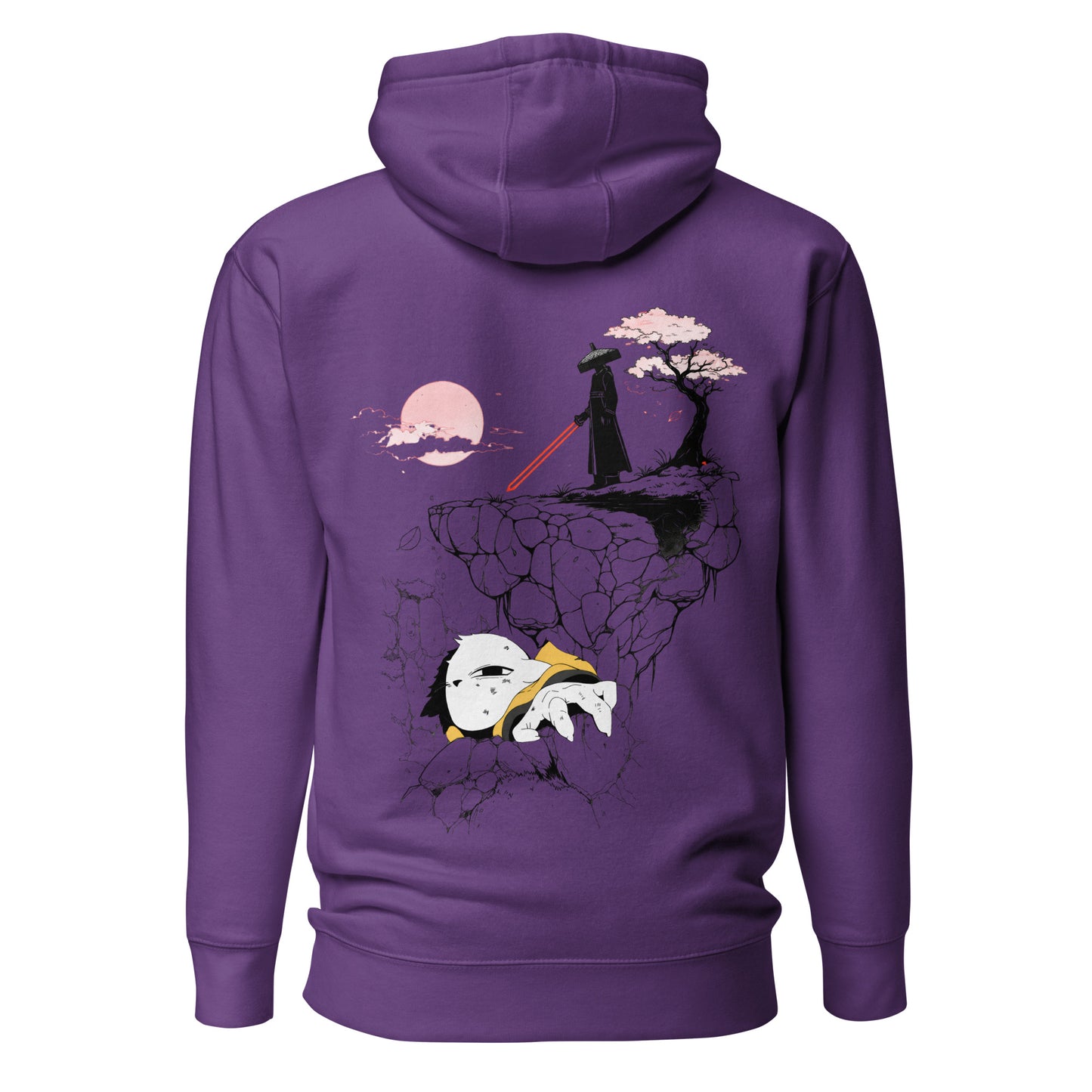 Back view of the Purple Nine Sols Cliff Duel Hoodie Fallen Guardian Duel featuring a cliffside duel scene with guardian figure