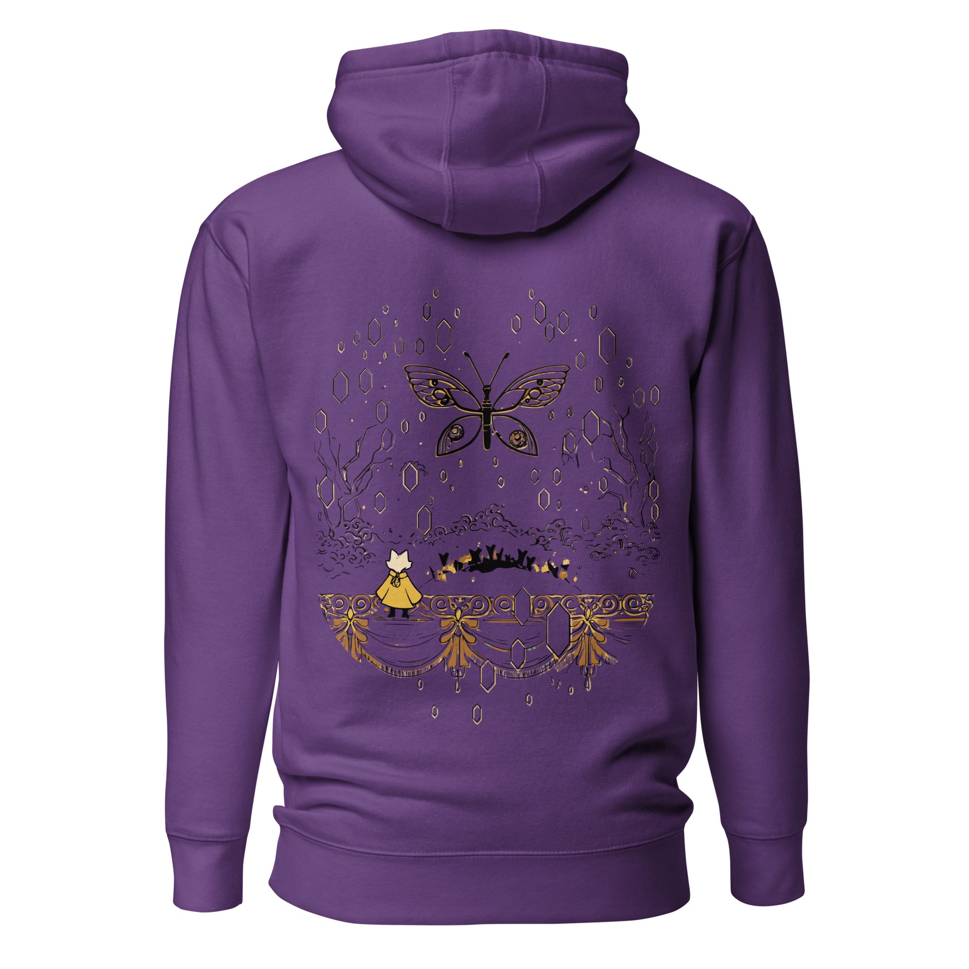 Back view of the Purple Nine Sols Butterfly Hoodie Golden Echo Presence featuring a golden butterfly above an ornate shrine scene