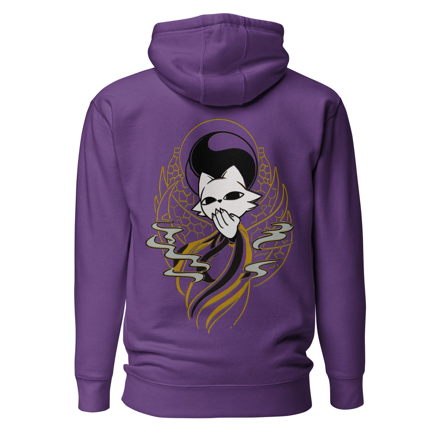Back view of the purple Nine Sols Balance Hoodie Yin Yang Presence featuring a yin yang skull graphic with golden line details