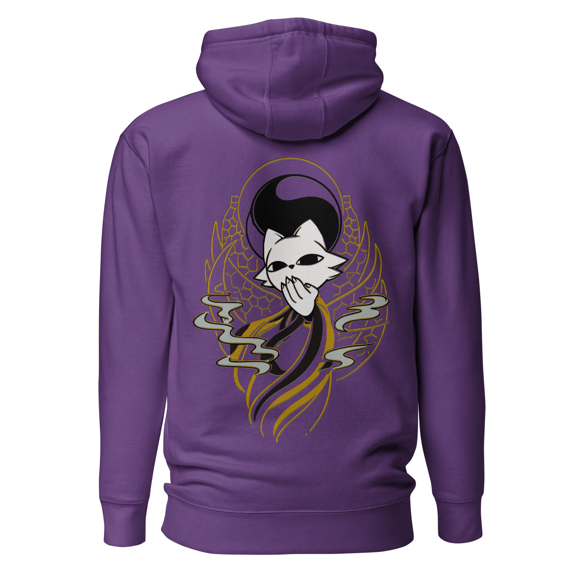 Back view of the purple Nine Sols Balance Hoodie Yin Yang Presence featuring a yin yang skull graphic with golden line details
