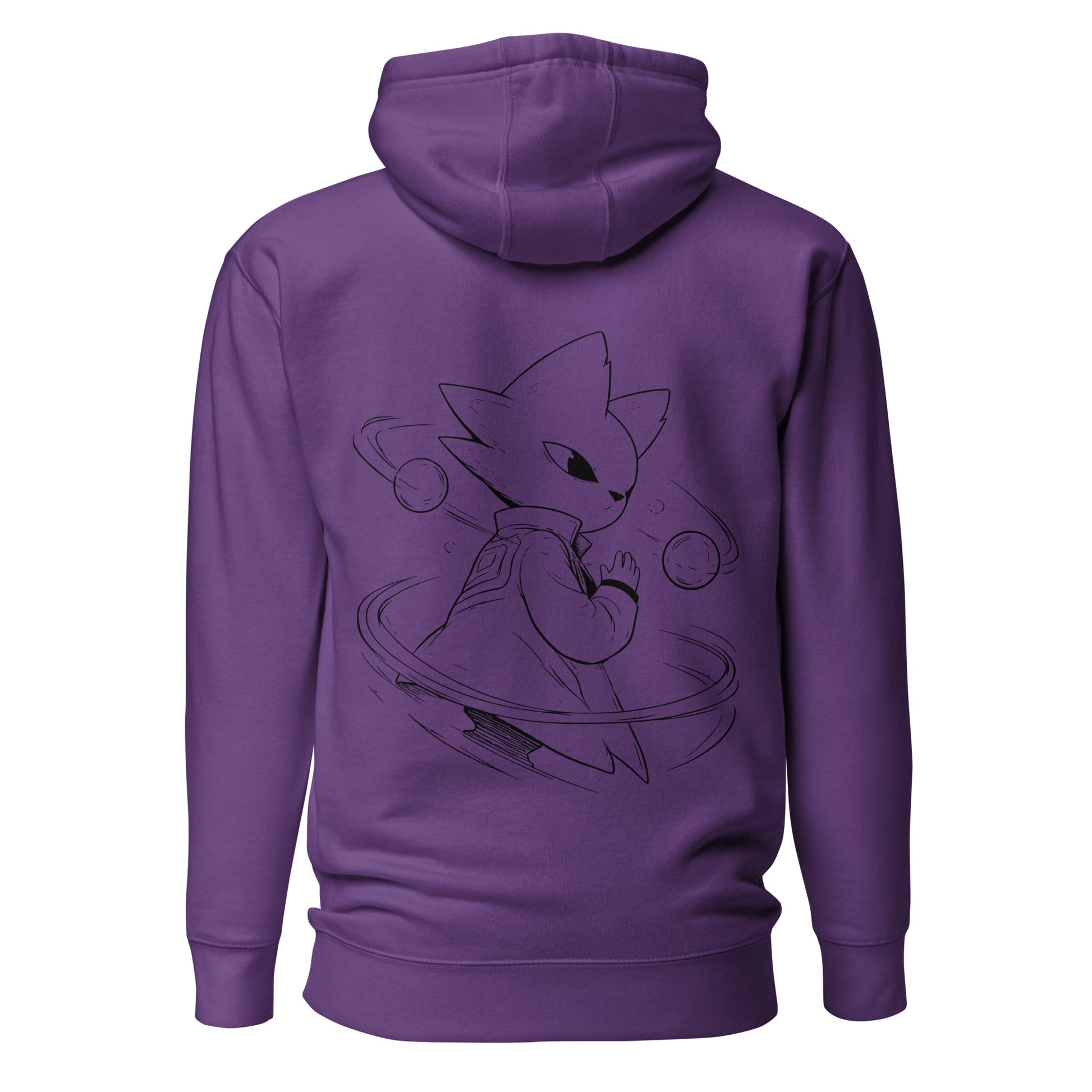 Back view of the purple Nine Sols Orbiting Focus Taopunk Motion hoodie featuring a taopunk figure with orbiting rings in white line art
