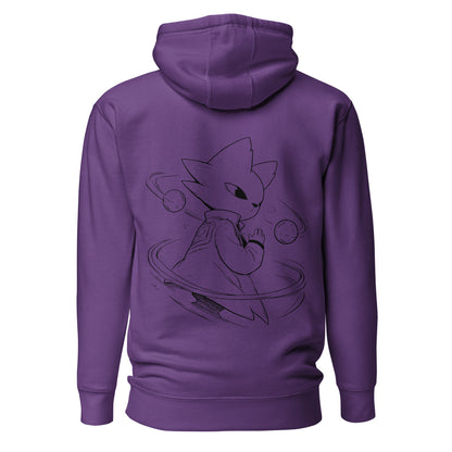 Back view of the purple Nine Sols Orbiting Focus Taopunk Motion hoodie featuring a taopunk figure with orbiting rings in white line art