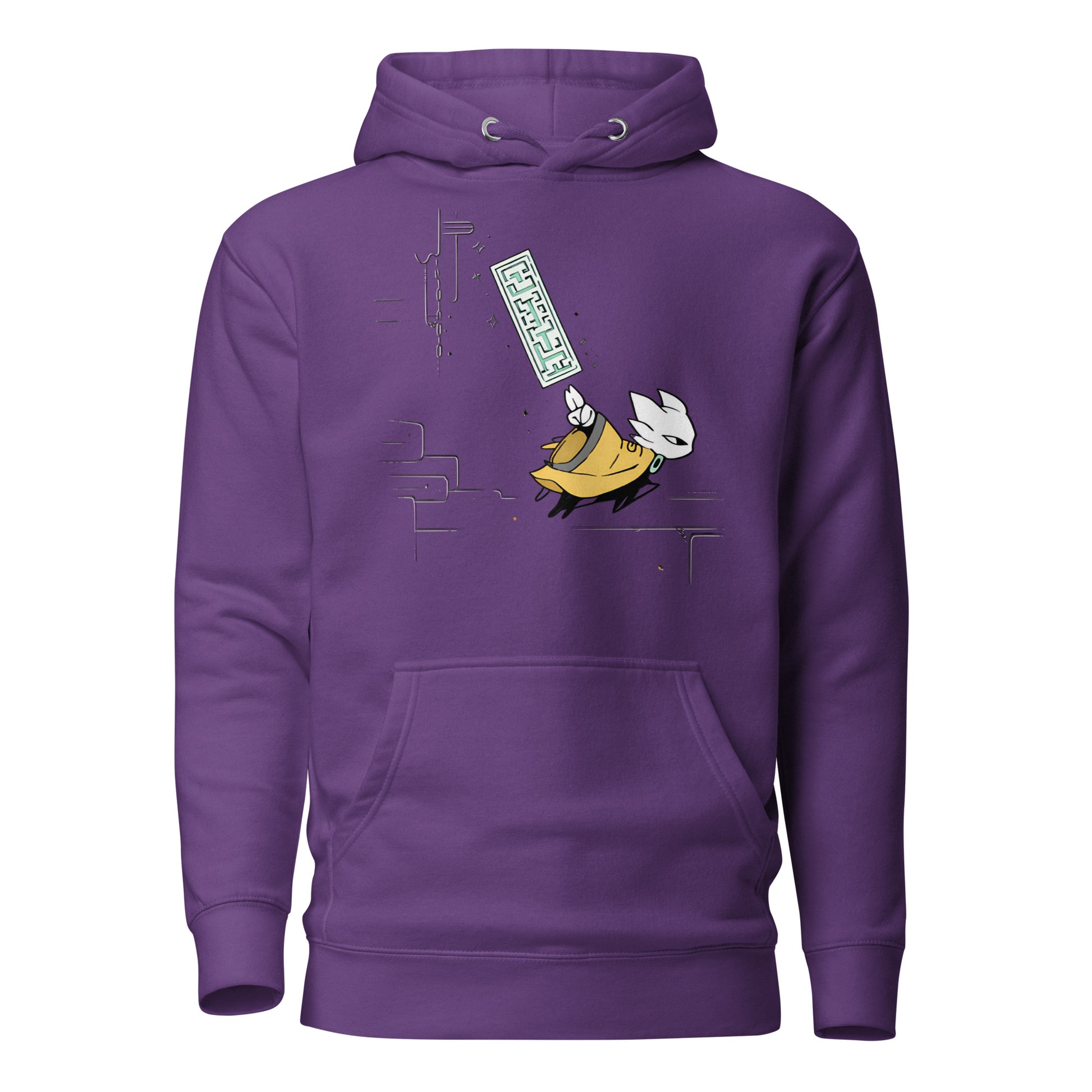 Front view of the purple Nine Sols Motion Hoodie Seal Momentum featuring a minimalist seal graphic with vertical motion detail