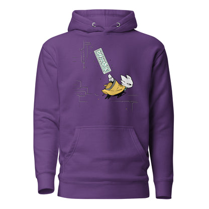 Front view of the purple Nine Sols Motion Hoodie Seal Momentum featuring a minimalist seal graphic with vertical motion detail