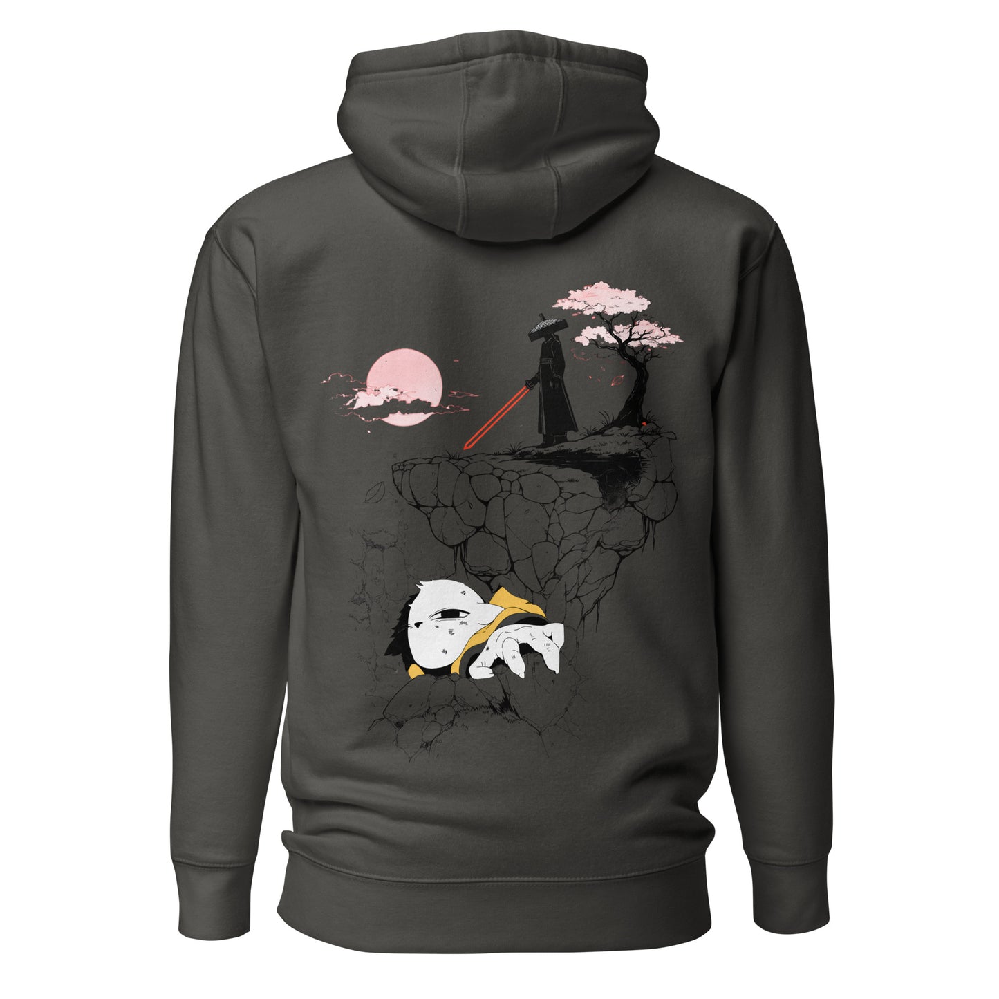 Back view of the Vintage Black Nine Sols Cliff Duel Hoodie Fallen Guardian Duel featuring a cliffside duel scene with guardian figure