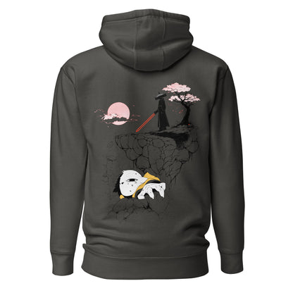 Back view of the Vintage Black Nine Sols Cliff Duel Hoodie Fallen Guardian Duel featuring a cliffside duel scene with guardian figure