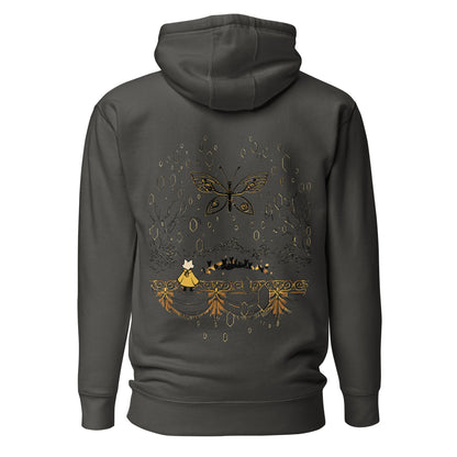 Back view of the Vintage Black Nine Sols Butterfly Hoodie Golden Echo Presence featuring a golden butterfly above an ornate shrine scene