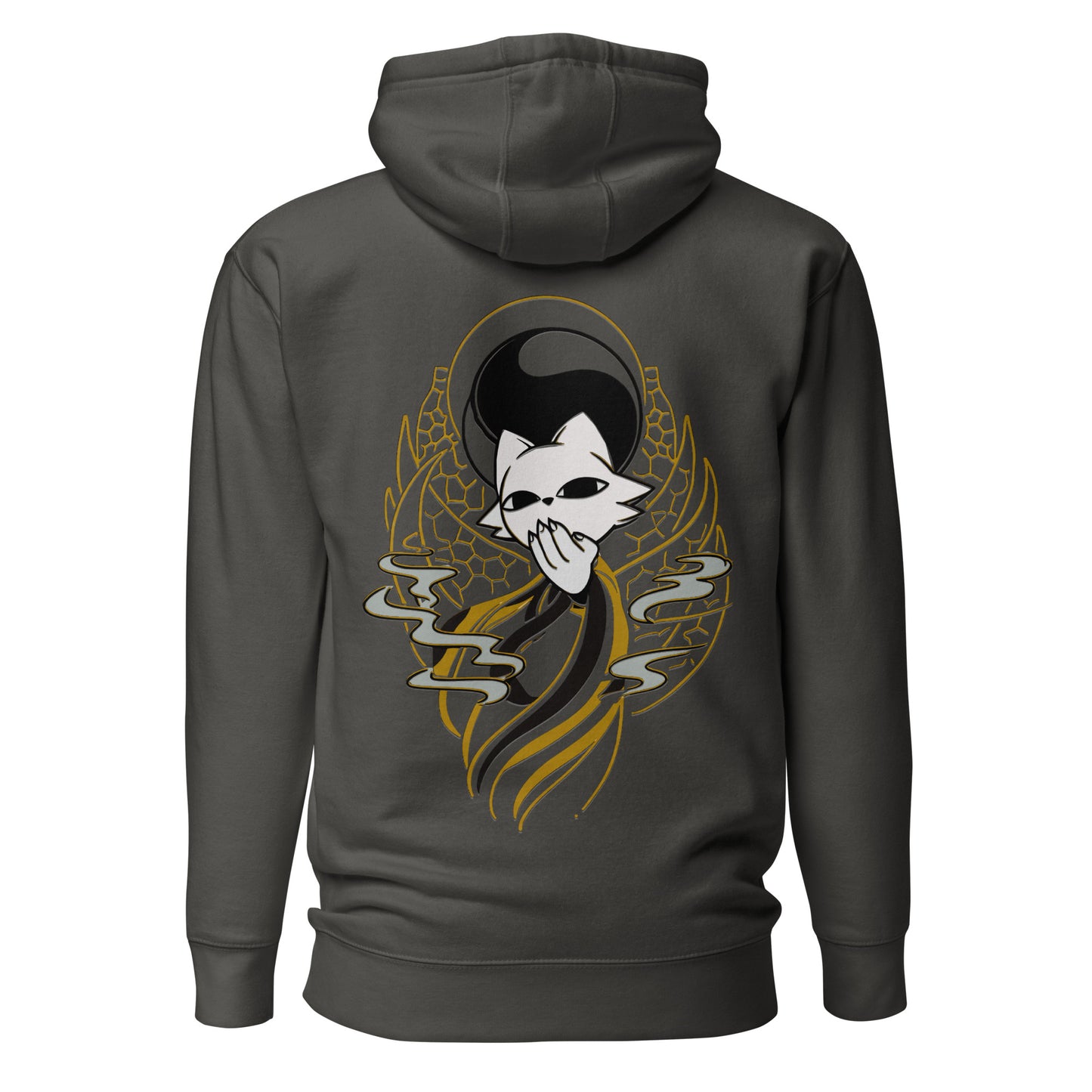 Back view of the charcoal Nine Sols Balance Hoodie Yin Yang Presence featuring a yin yang skull graphic with golden line details