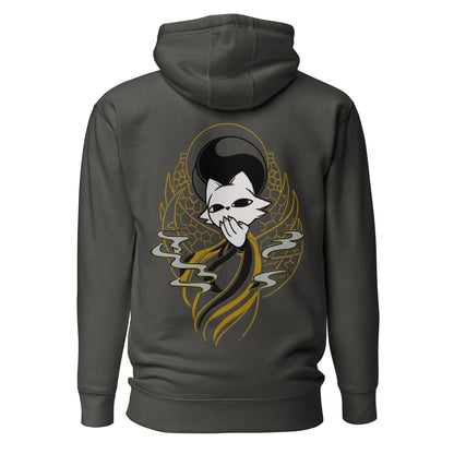 Back view of the charcoal Nine Sols Balance Hoodie Yin Yang Presence featuring a yin yang skull graphic with golden line details