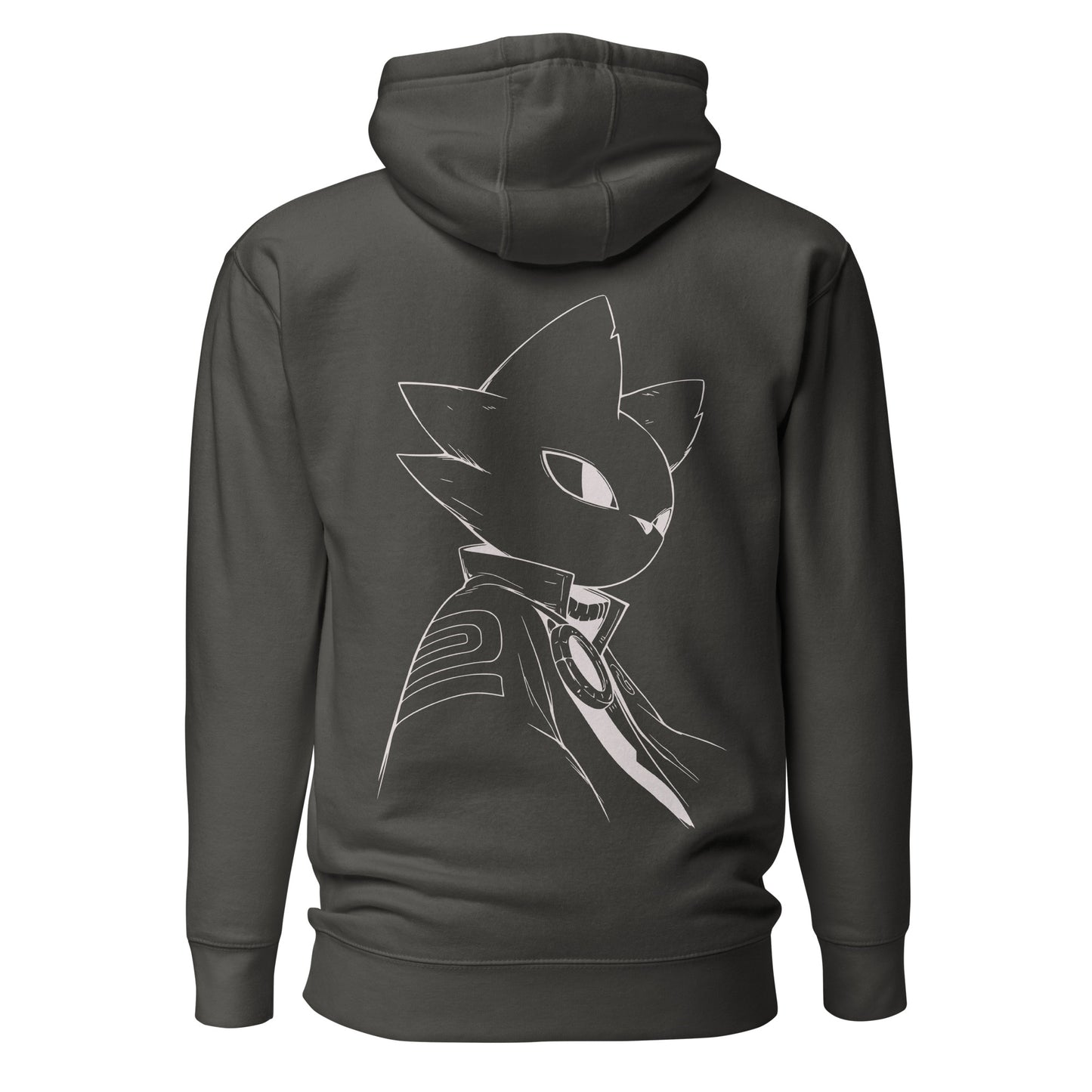 Back view of the Vintage Black Nine Sols Silent Resolve Taopunk Portrait hoodie featuring a minimalist taopunk portrait in white line art