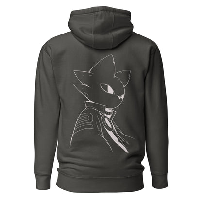 Back view of the Vintage Black Nine Sols Silent Resolve Taopunk Portrait hoodie featuring a minimalist taopunk portrait in white line art