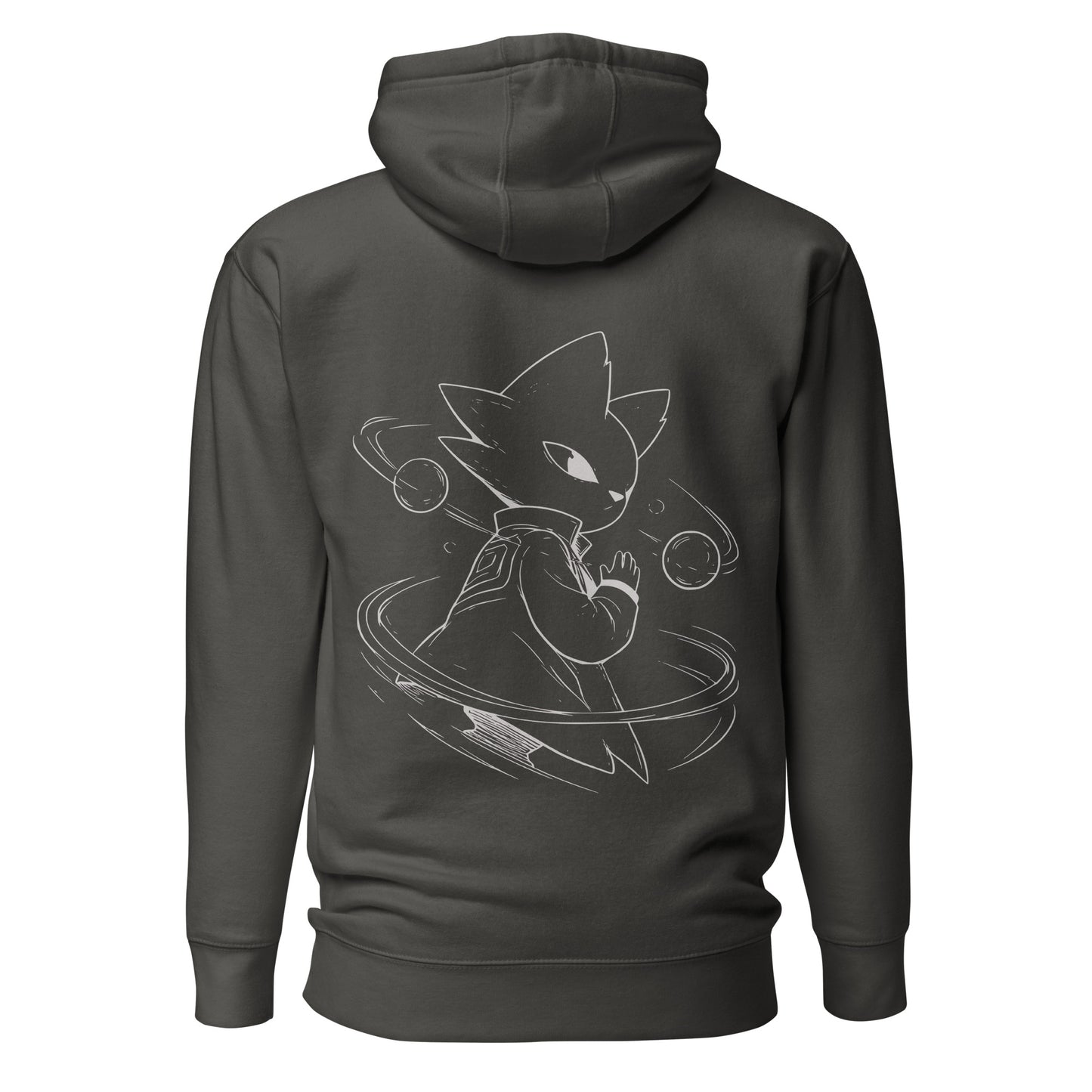 Back view of the Vintage Black Nine Sols Orbiting Focus Taopunk Motion hoodie featuring a taopunk figure with orbiting rings in white line art
