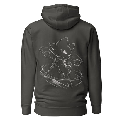 Back view of the Vintage Black Nine Sols Orbiting Focus Taopunk Motion hoodie featuring a taopunk figure with orbiting rings in white line art