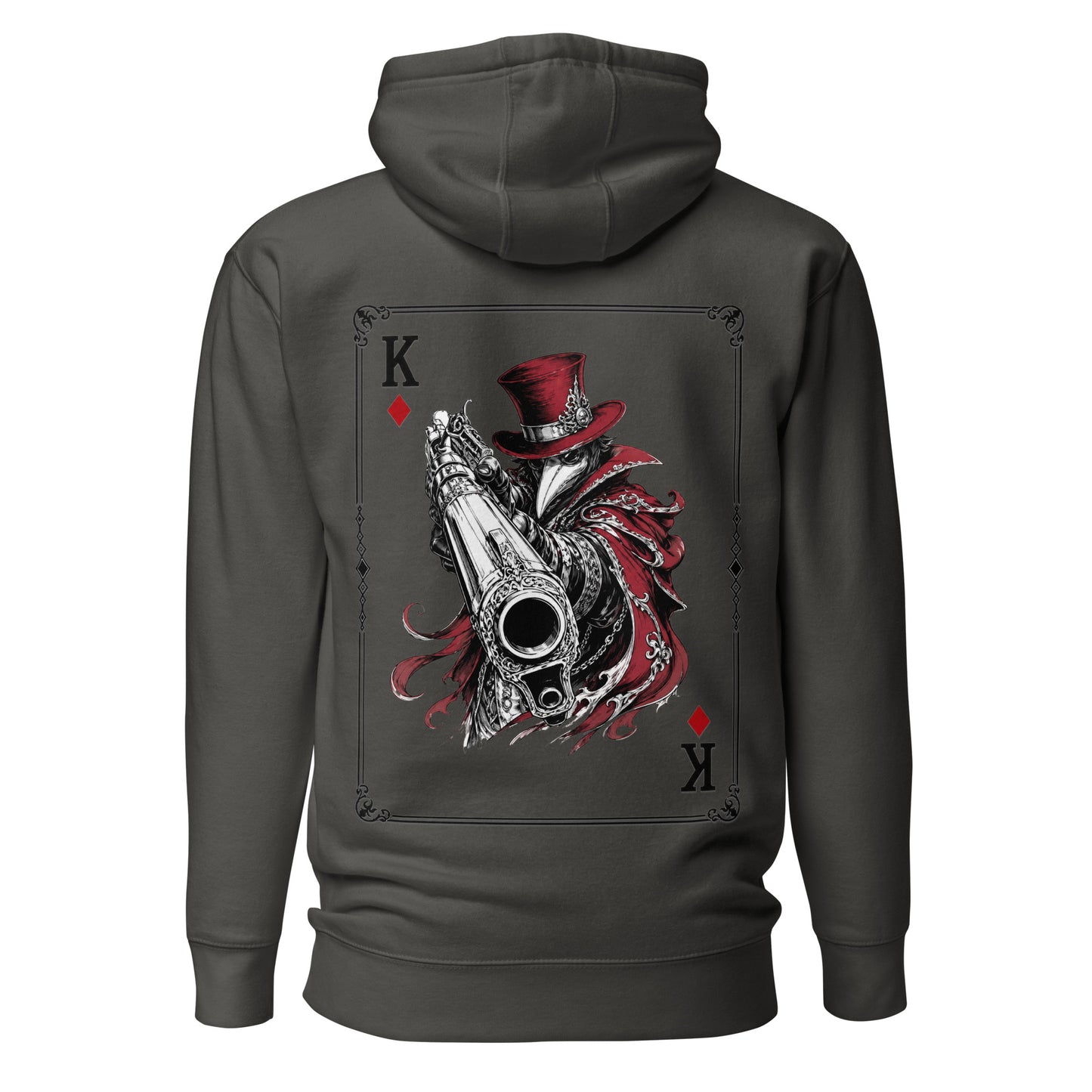 Back view of the Vintage Black Crowsworn King of Diamonds hoodie with crimson gambit card back graphic