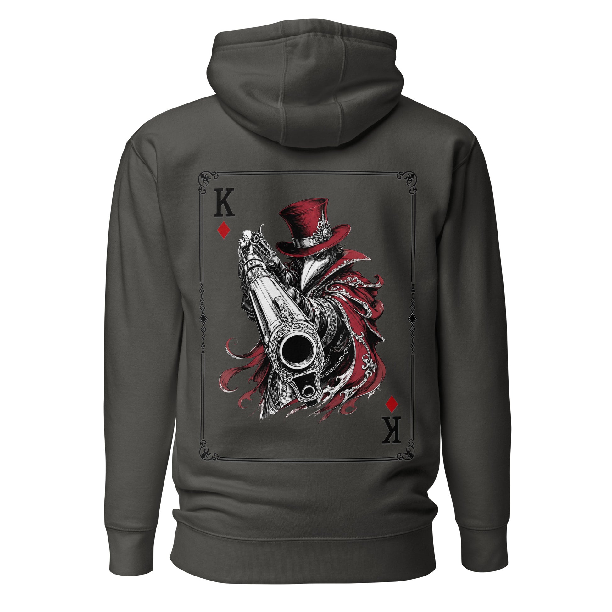 Back view of the Vintage Black Crowsworn King of Diamonds hoodie with crimson gambit card back graphic