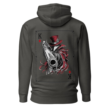 Back view of the Vintage Black Crowsworn King of Diamonds hoodie with crimson gambit card back graphic