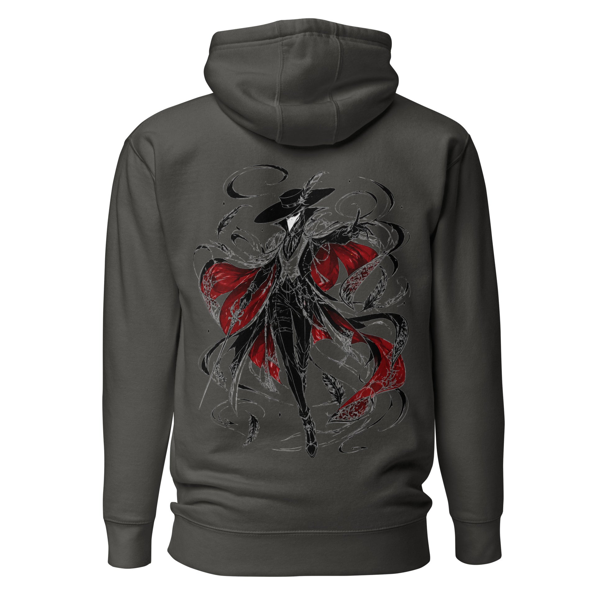 Back view of the Vintage Black Crowsworn Crimson Wraith hoodie with gothic dark fantasy back graphic